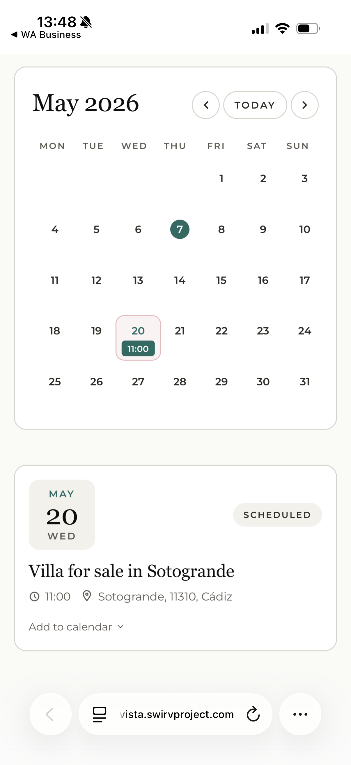 Upcoming viewings calendar